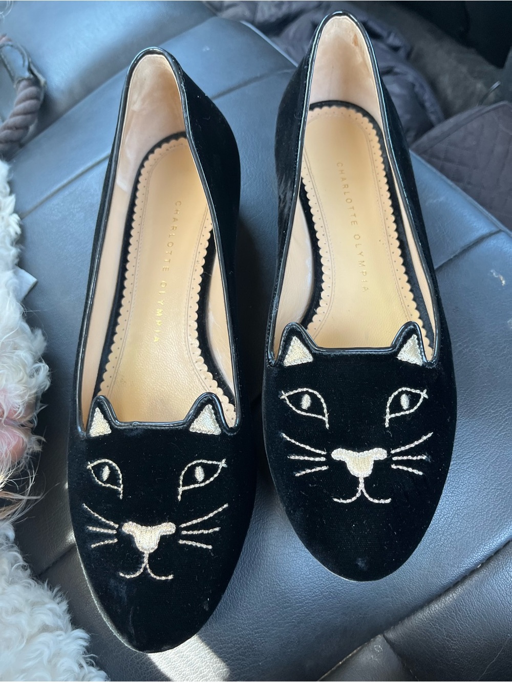 Charlotte Olympia Black Velvet Cat Embroidered Loafers